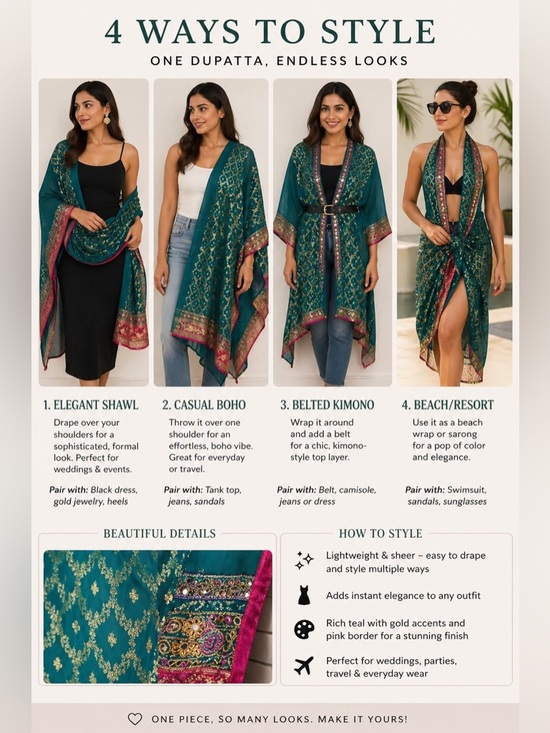 Accessories - Indian Dupatta Teal Gold Pink Embroidered Zari Sheer Scarf Shawl Wrap